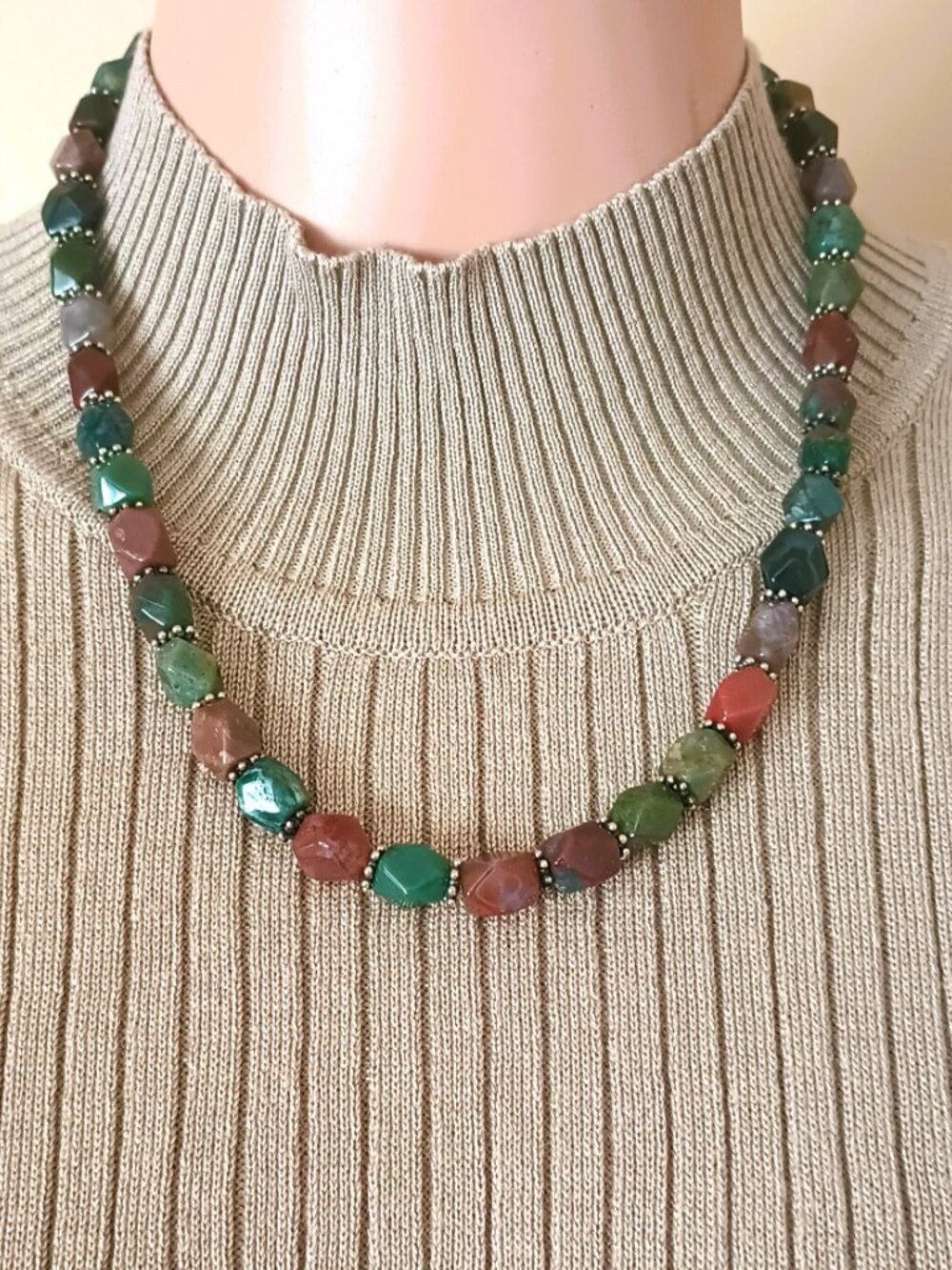 925 Semi-Precious Stone Necklace 20" Vtg Beveled Brown & Green Fall Beads